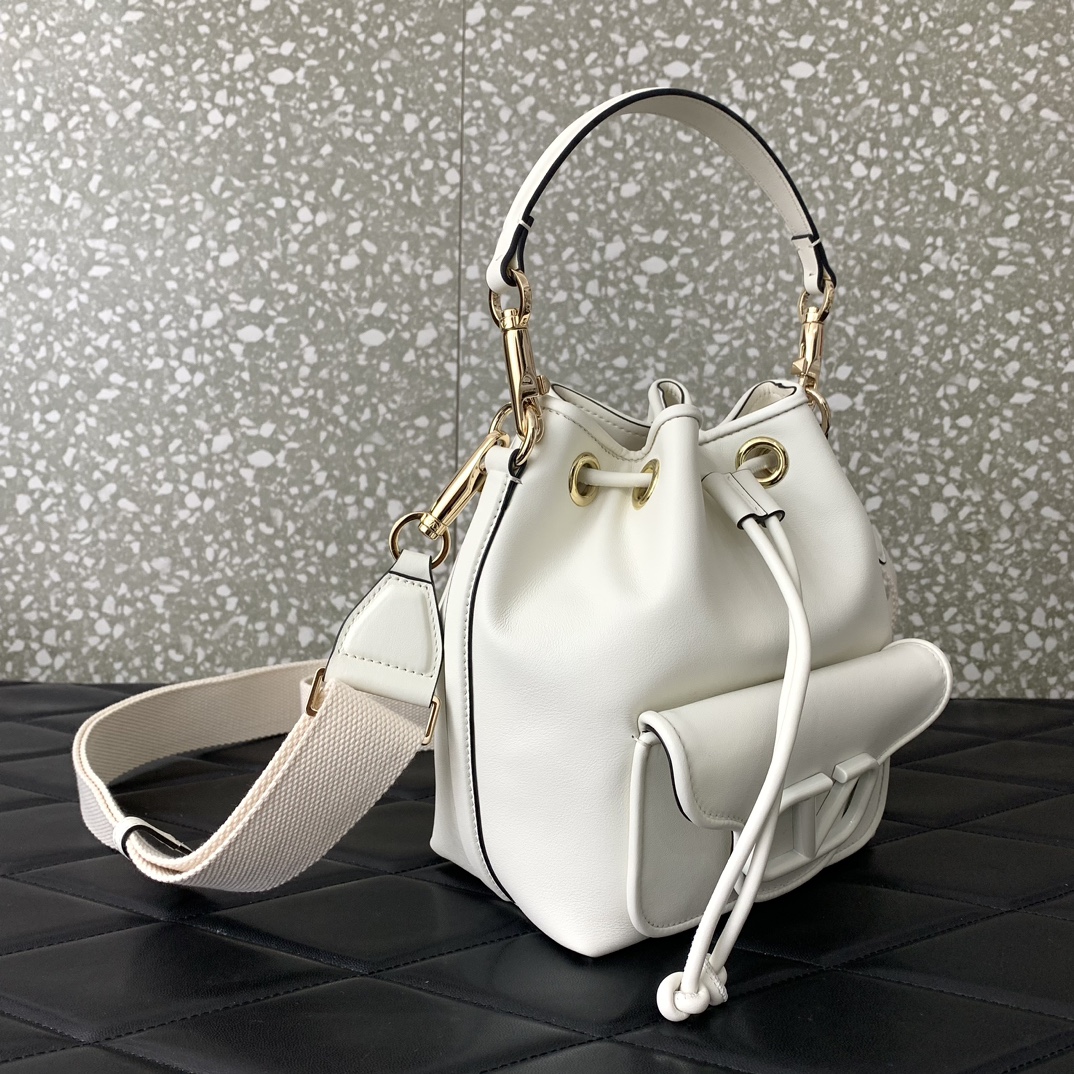 Valentino Garavani Loco Bucket Bag in Ivory Calfskin Leather